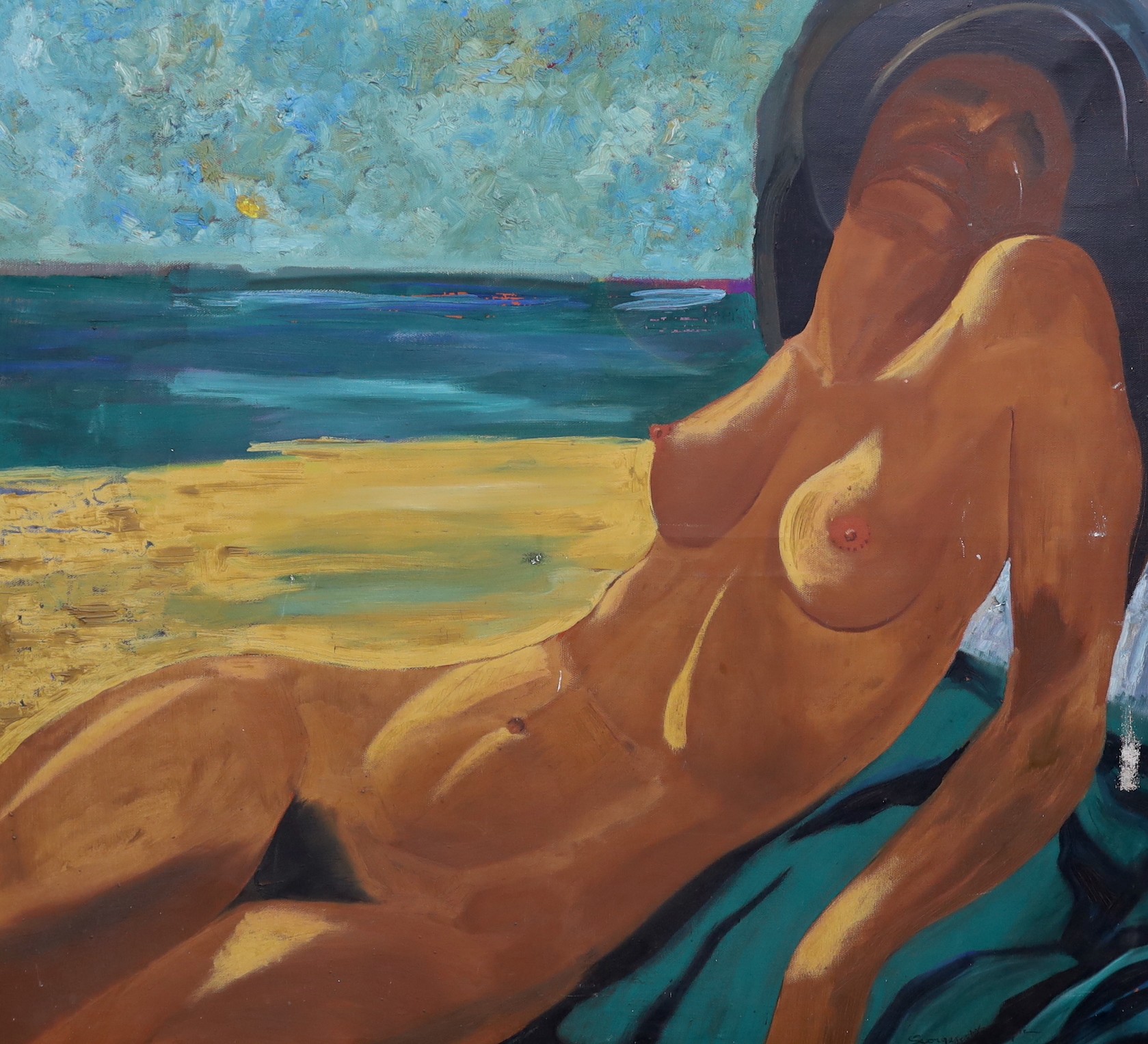 Georges ..., oil on canvas, Female nude on a beach, indistinctly signed, 110 x 120cm, unframed